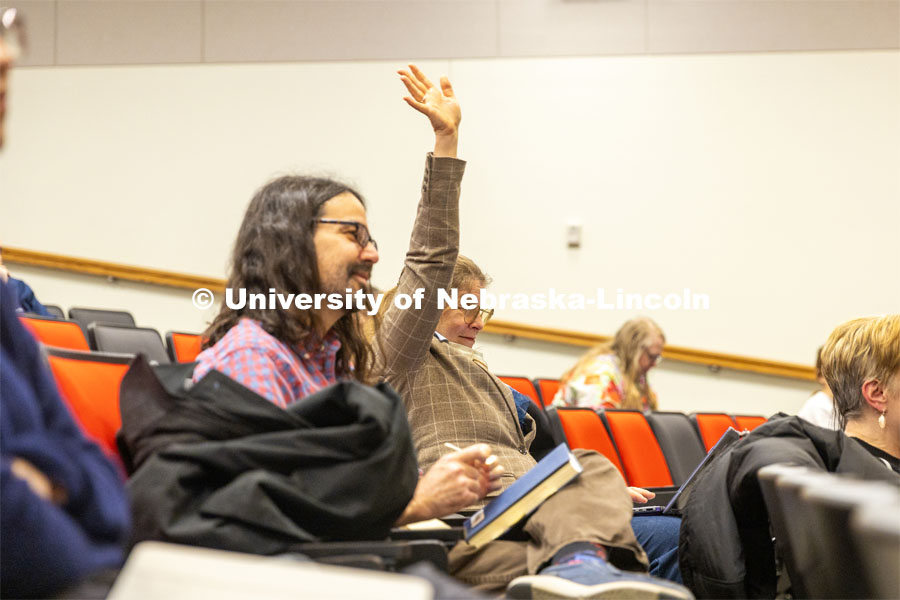 Audience member raises their hand as Rob Santos, director of the U.S. Census Bureau, asks the crowd questions during a lecture about Rural Data Information for Bureau of Sociological Research's 60th Anniversary during a lecture in the Nebraska Union's Swanson Auditorium. March 20, 2024. Photo by Kristen Labadie / University Communication.